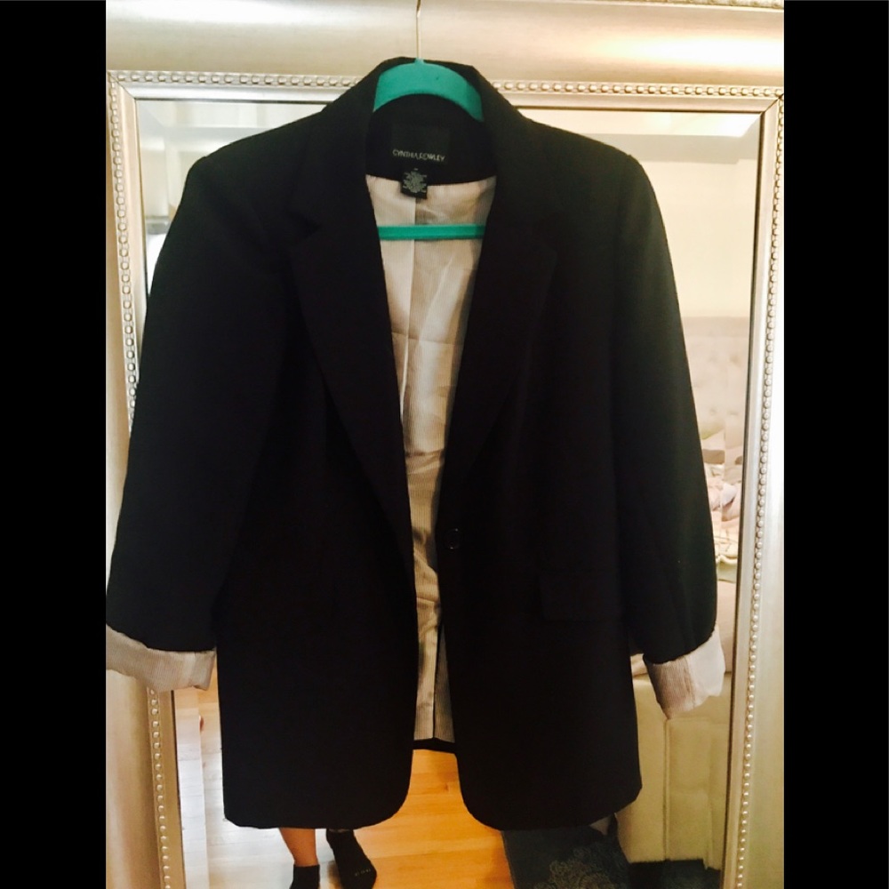 Cynthia Rowley black jacket with pinstripe lining.